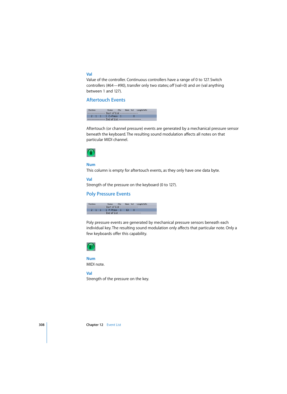Aftertouch events, Poly pressure events | Apple Logic Express 7 User Manual | Page 308 / 522