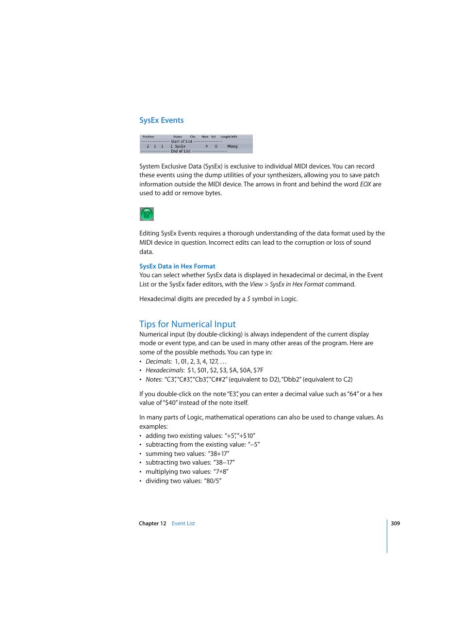 Sysex events, Sysex data in hex format, Tips for numerical input | Apple Logic Express 7 User Manual | Page 309 / 522