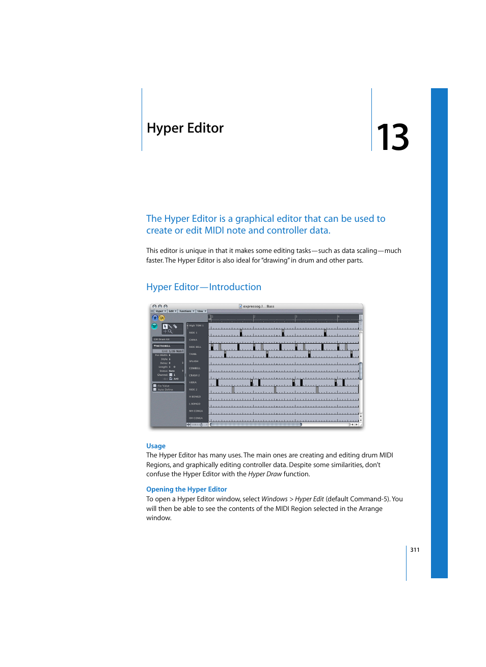 Hyper editor, Hyper editor—introduction, Usage | Opening the hyper editor | Apple Logic Express 7 User Manual | Page 311 / 522