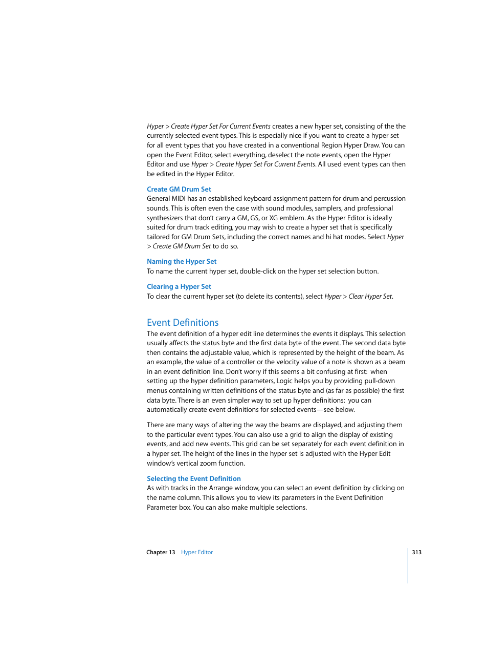 Create gm drum set, Naming the hyper set, Clearing a hyper set | Event definitions, Selecting the event definition | Apple Logic Express 7 User Manual | Page 313 / 522