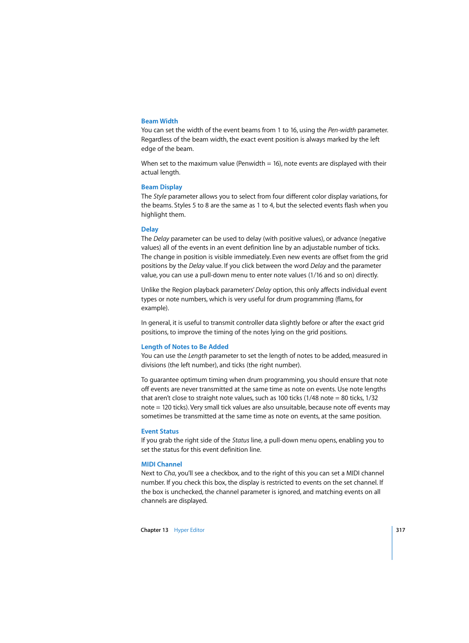 Beam width, Beam display, Delay | Length of notes to be added, Event status, Midi channel | Apple Logic Express 7 User Manual | Page 317 / 522