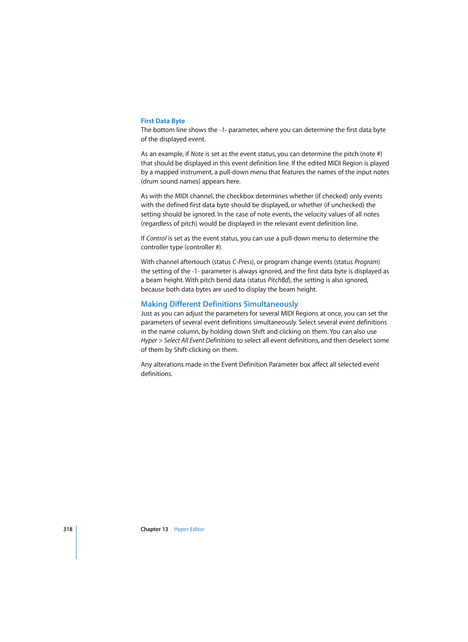 First data byte, Making different definitions simultaneously | Apple Logic Express 7 User Manual | Page 318 / 522