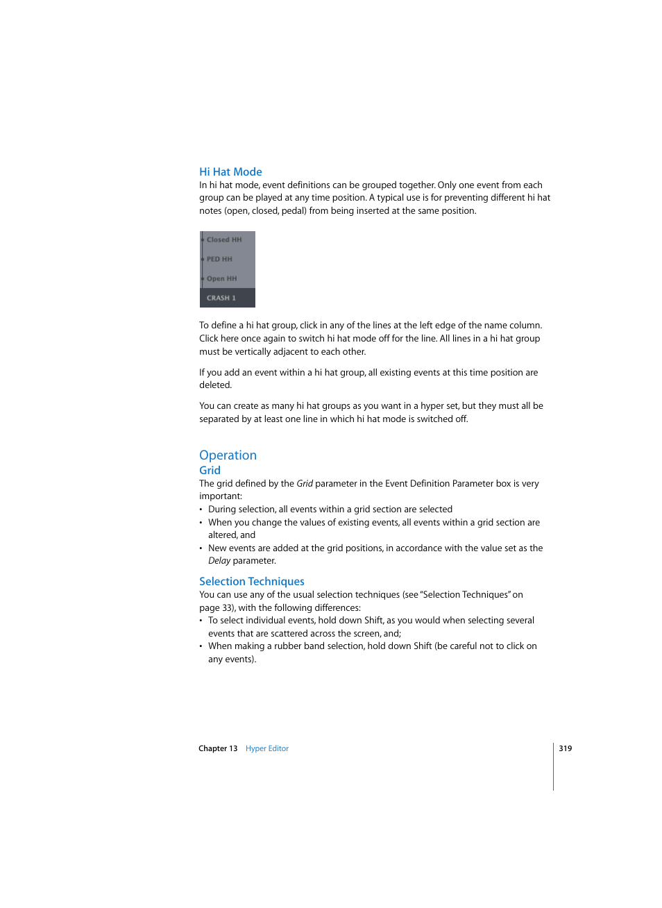 Hi hat mode, Operation, Grid | Selection techniques | Apple Logic Express 7 User Manual | Page 319 / 522