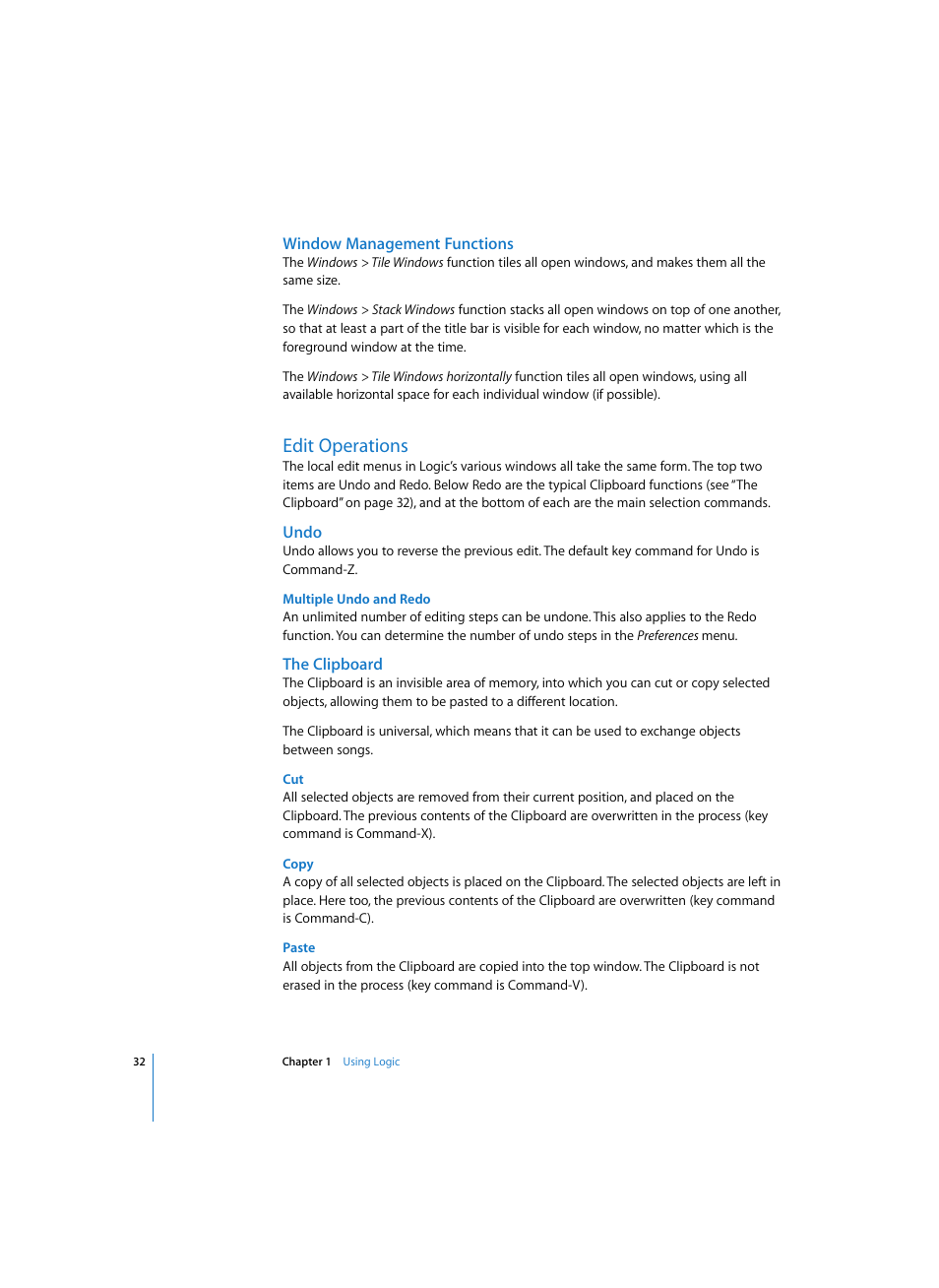 Window management functions, Edit operations, Undo | Multiple undo and redo, The clipboard, Copy, Paste | Apple Logic Express 7 User Manual | Page 32 / 522