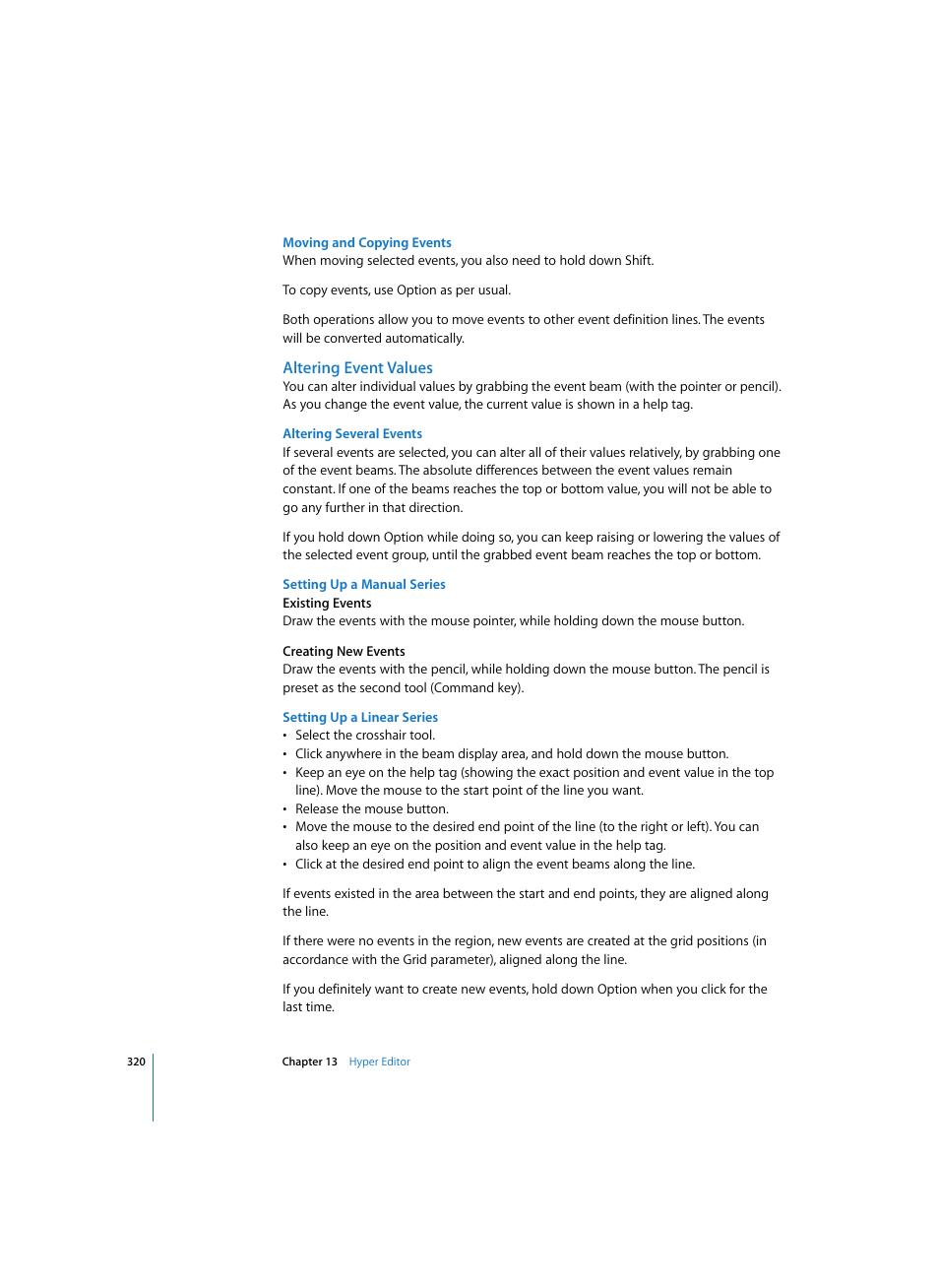 Moving and copying events, Altering event values, Altering several events | Setting up a manual series, Setting up a linear series | Apple Logic Express 7 User Manual | Page 320 / 522