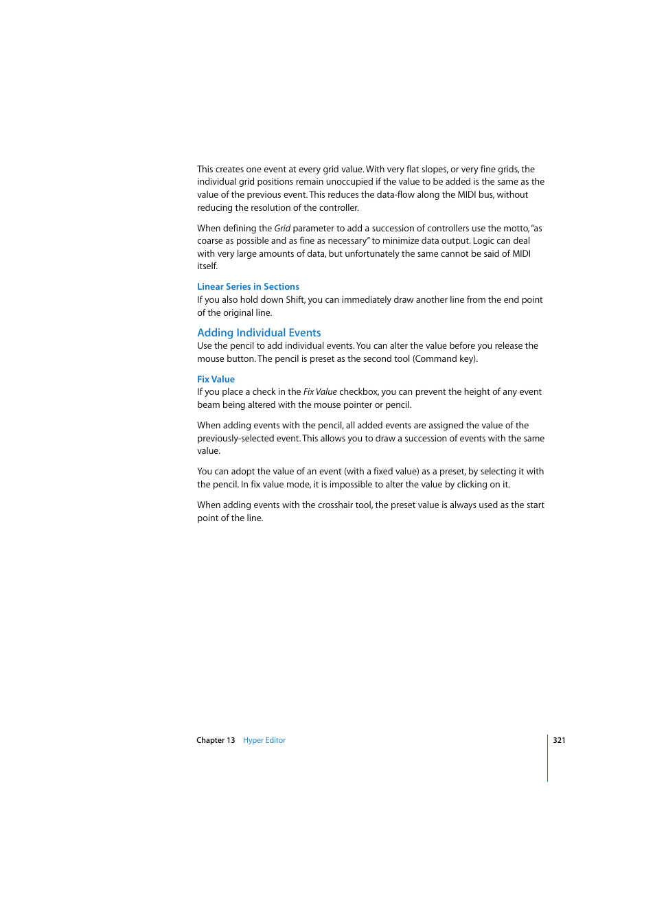 Linear series in sections, Adding individual events, Fix value | Apple Logic Express 7 User Manual | Page 321 / 522