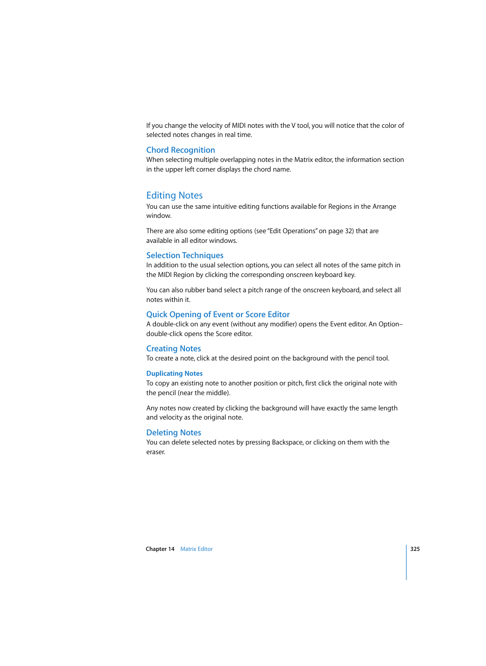 Chord recognition, Editing notes, Selection techniques | Quick opening of event or score editor, Creating notes, Duplicating notes, Deleting notes | Apple Logic Express 7 User Manual | Page 325 / 522