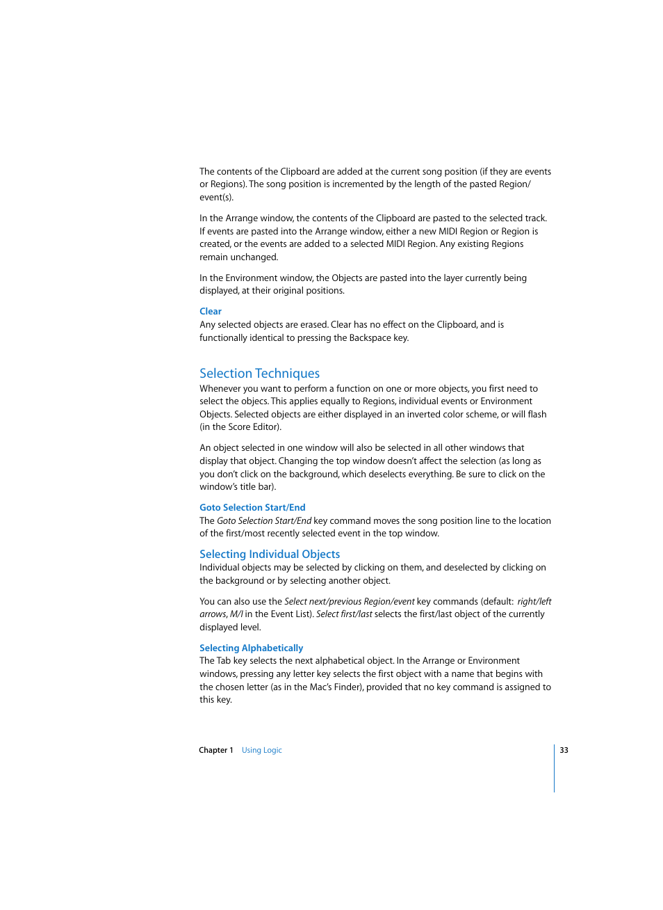 Clear, Selection techniques, Goto selection start/end | Selecting individual objects, Selecting alphabetically | Apple Logic Express 7 User Manual | Page 33 / 522