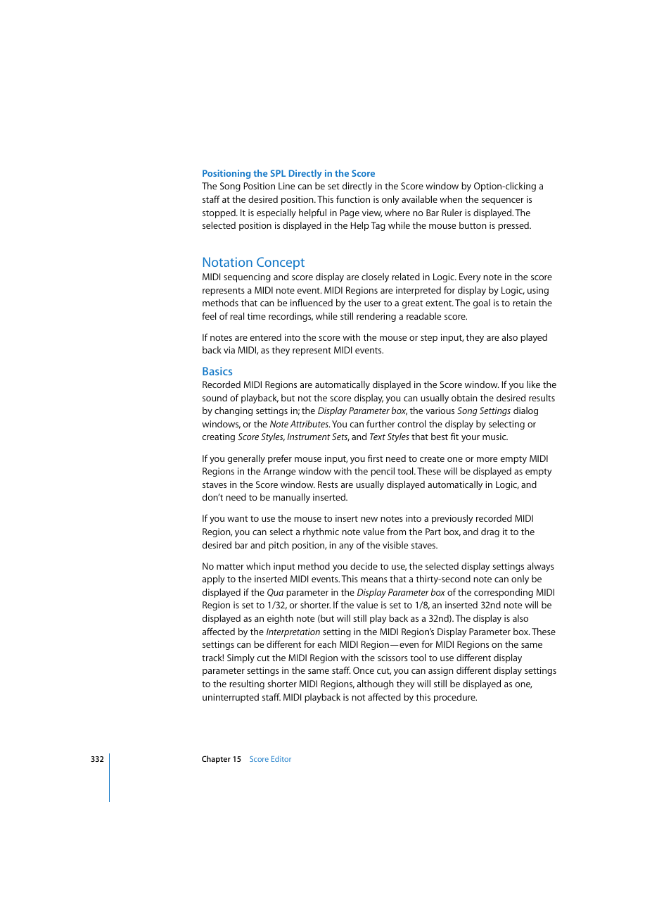 Positioning the spl directly in the score, Notation concept, Basics | Apple Logic Express 7 User Manual | Page 332 / 522