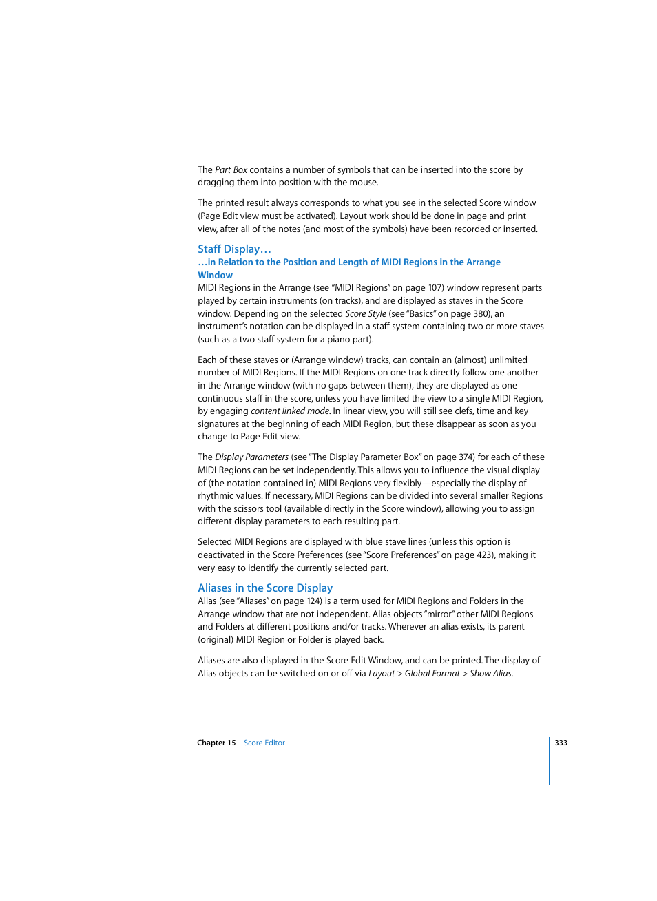 Staff display, Aliases in the score display | Apple Logic Express 7 User Manual | Page 333 / 522
