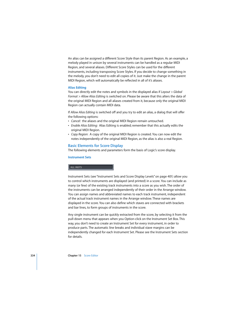Alias editing, Basic elements for score display, Instrument sets | Apple Logic Express 7 User Manual | Page 334 / 522
