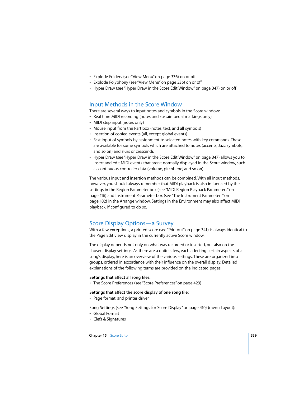 Input methods in the score window, Score display options—a survey | Apple Logic Express 7 User Manual | Page 339 / 522