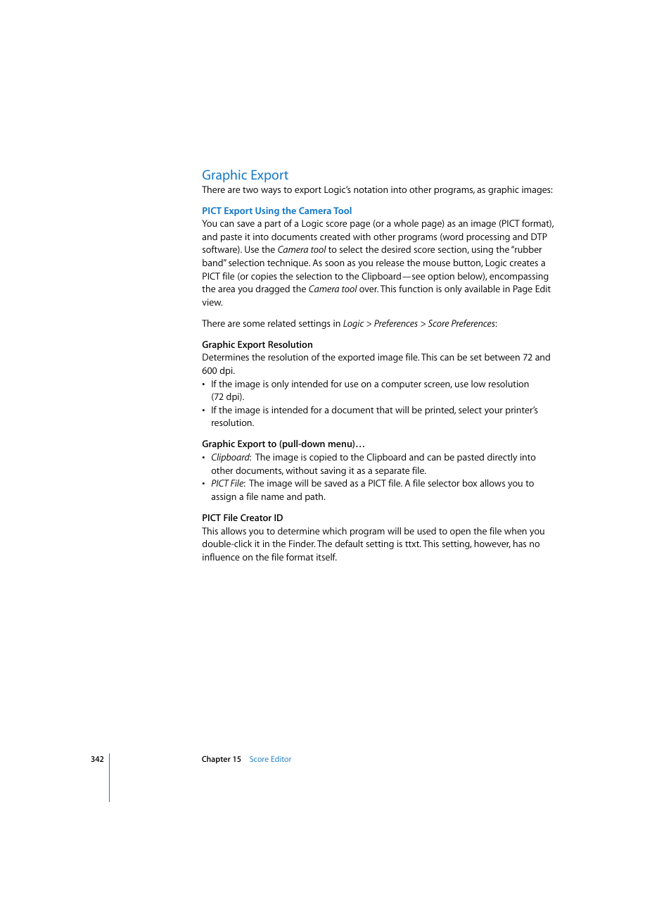 Graphic export, Pict export using the camera tool | Apple Logic Express 7 User Manual | Page 342 / 522