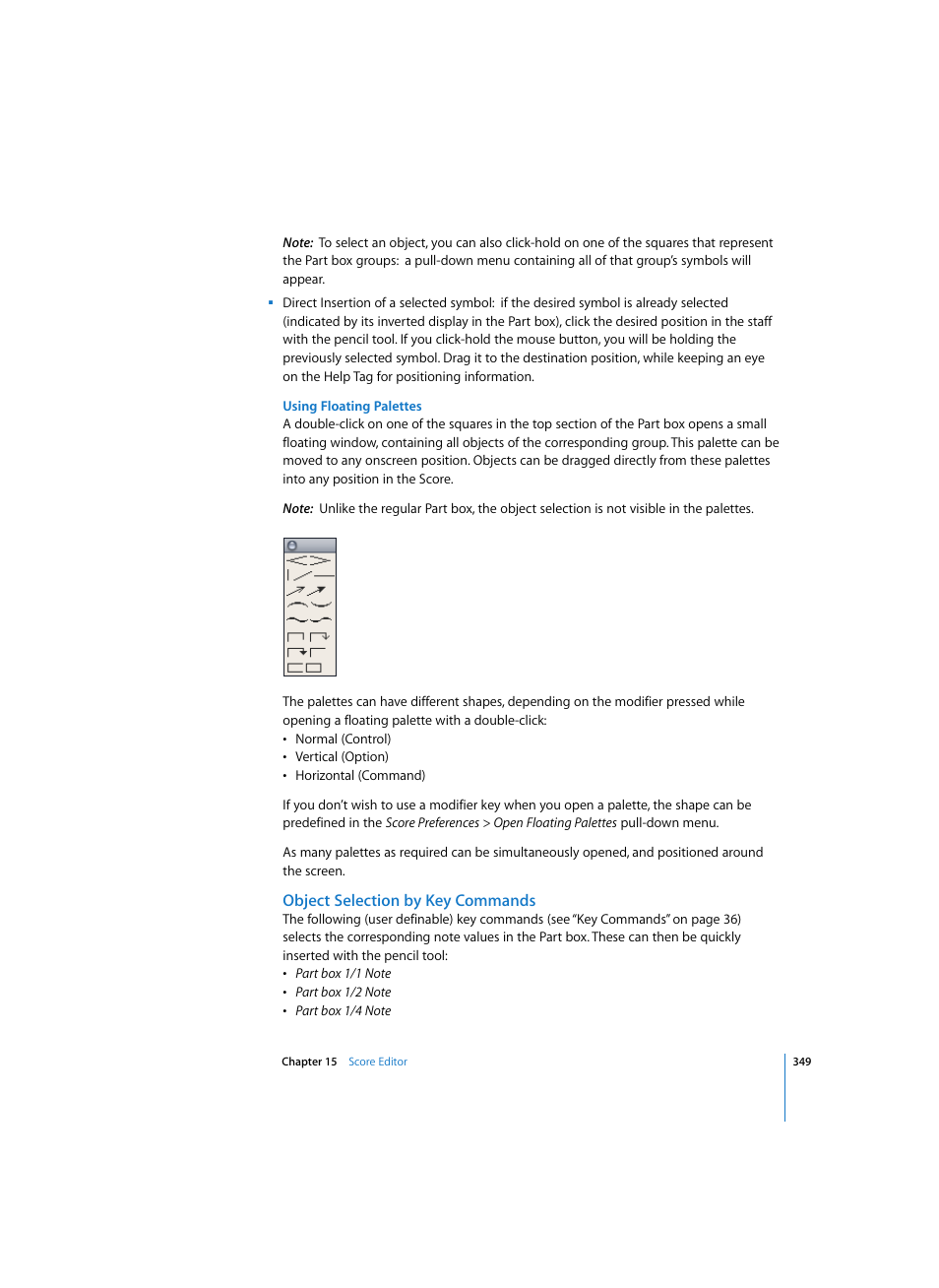 Using floating palettes, Object selection by key commands | Apple Logic Express 7 User Manual | Page 349 / 522