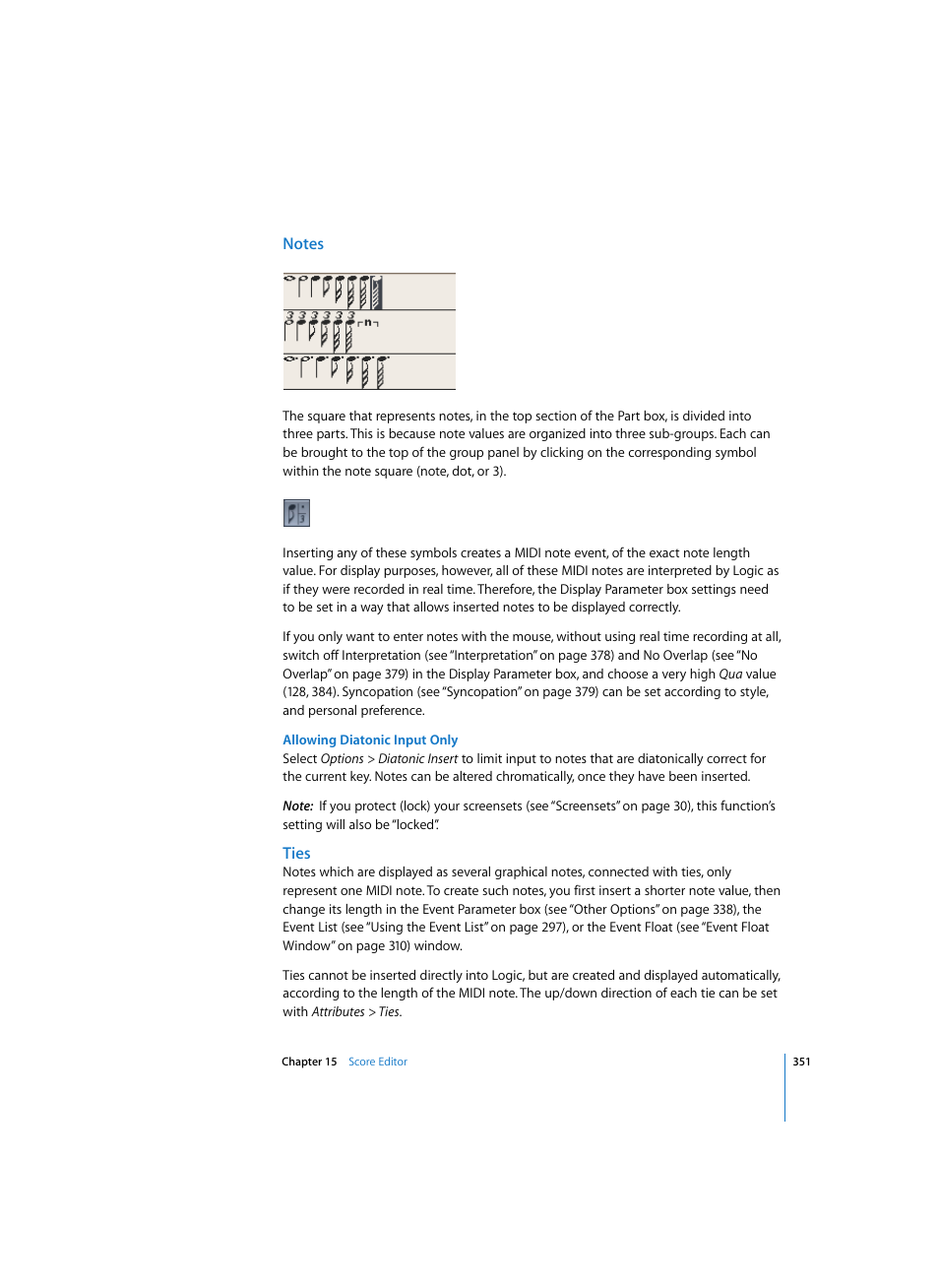 Notes, Allowing diatonic input only, Ties | Apple Logic Express 7 User Manual | Page 351 / 522