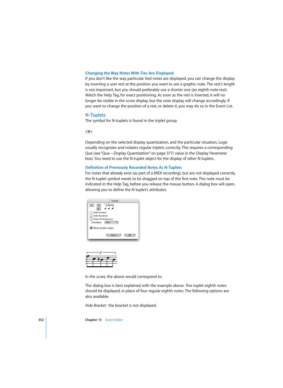 Changing the way notes with ties are displayed, N-tuplets | Apple Logic Express 7 User Manual | Page 352 / 522