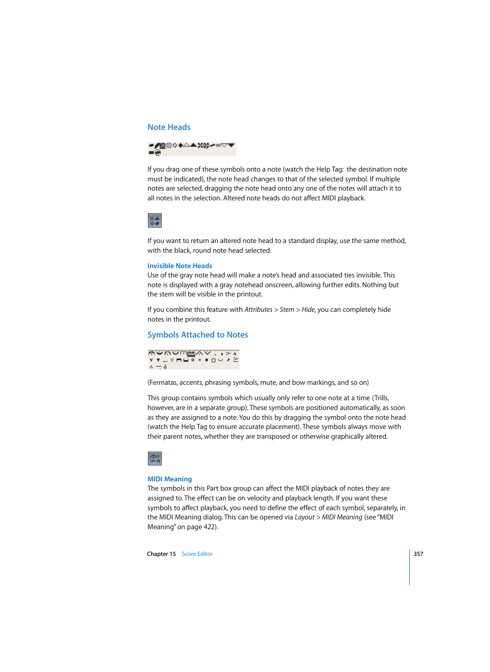 Note heads, Invisible note heads, Symbols attached to notes | Midi meaning | Apple Logic Express 7 User Manual | Page 357 / 522