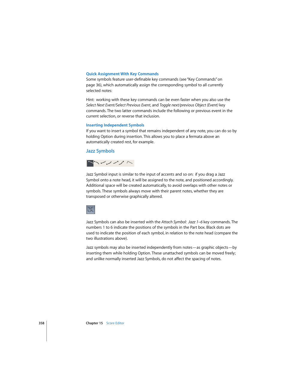 Quick assignment with key commands, Inserting independent symbols, Jazz symbols | Apple Logic Express 7 User Manual | Page 358 / 522