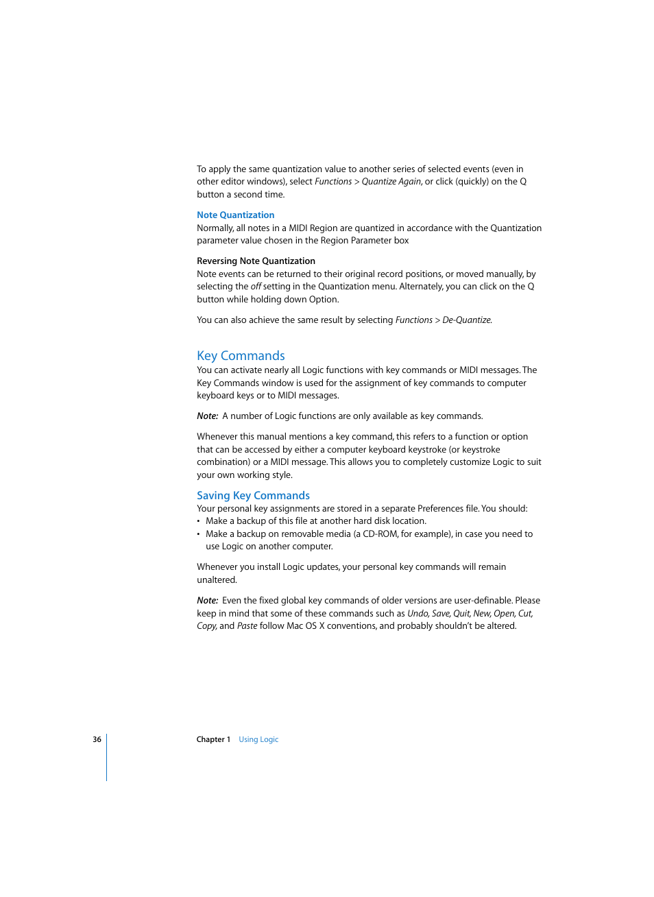 Note quantization, Key commands, Saving key commands | Apple Logic Express 7 User Manual | Page 36 / 522