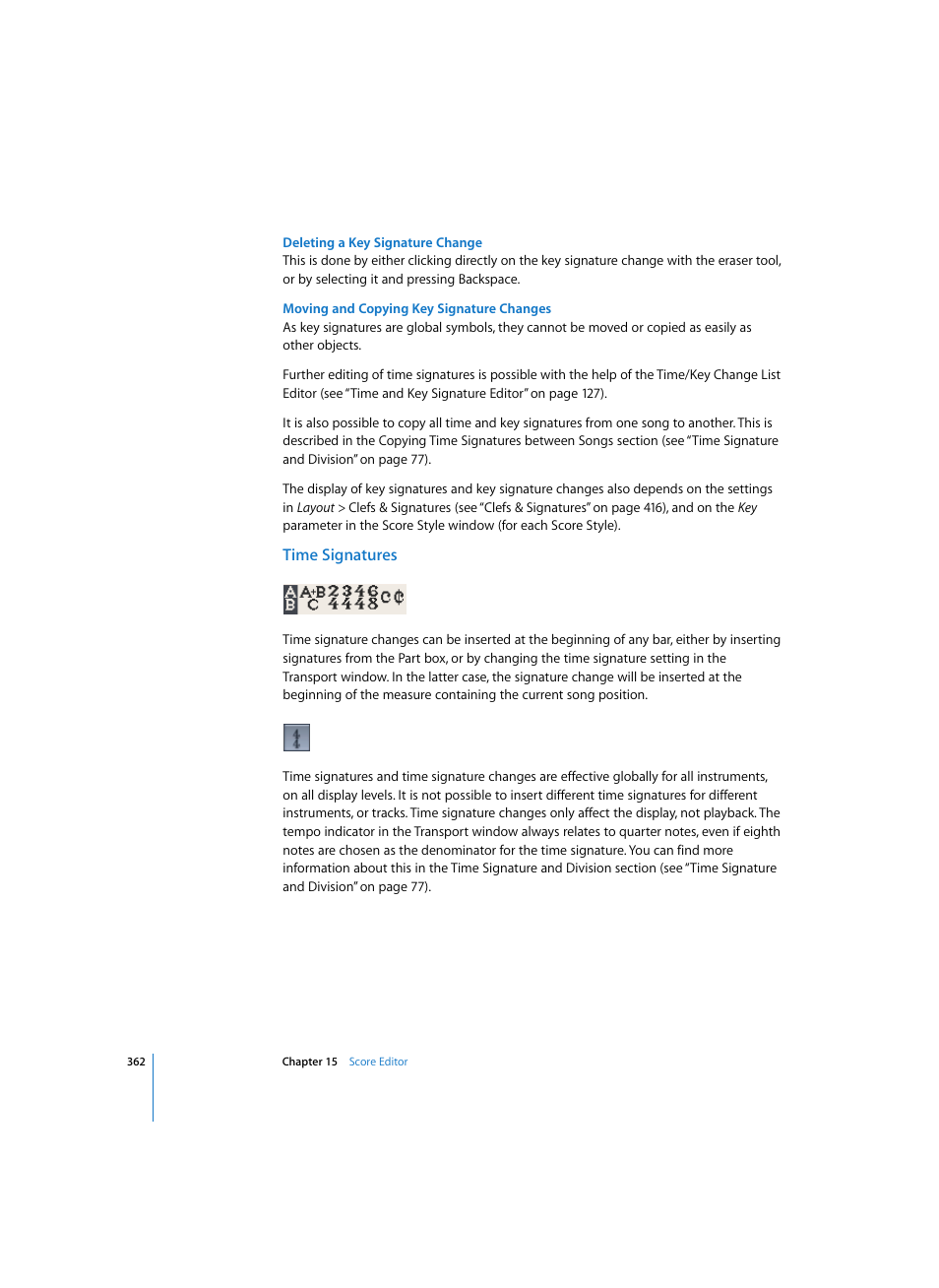 Deleting a key signature change, Moving and copying key signature changes, Time signatures | Apple Logic Express 7 User Manual | Page 362 / 522