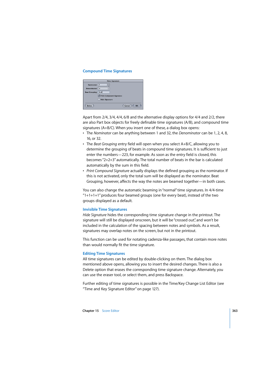 Compound time signatures, Invisible time signatures, Editing time signatures | Apple Logic Express 7 User Manual | Page 363 / 522