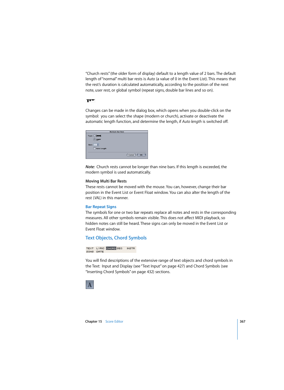 Bar repeat signs, Text objects, chord symbols | Apple Logic Express 7 User Manual | Page 367 / 522