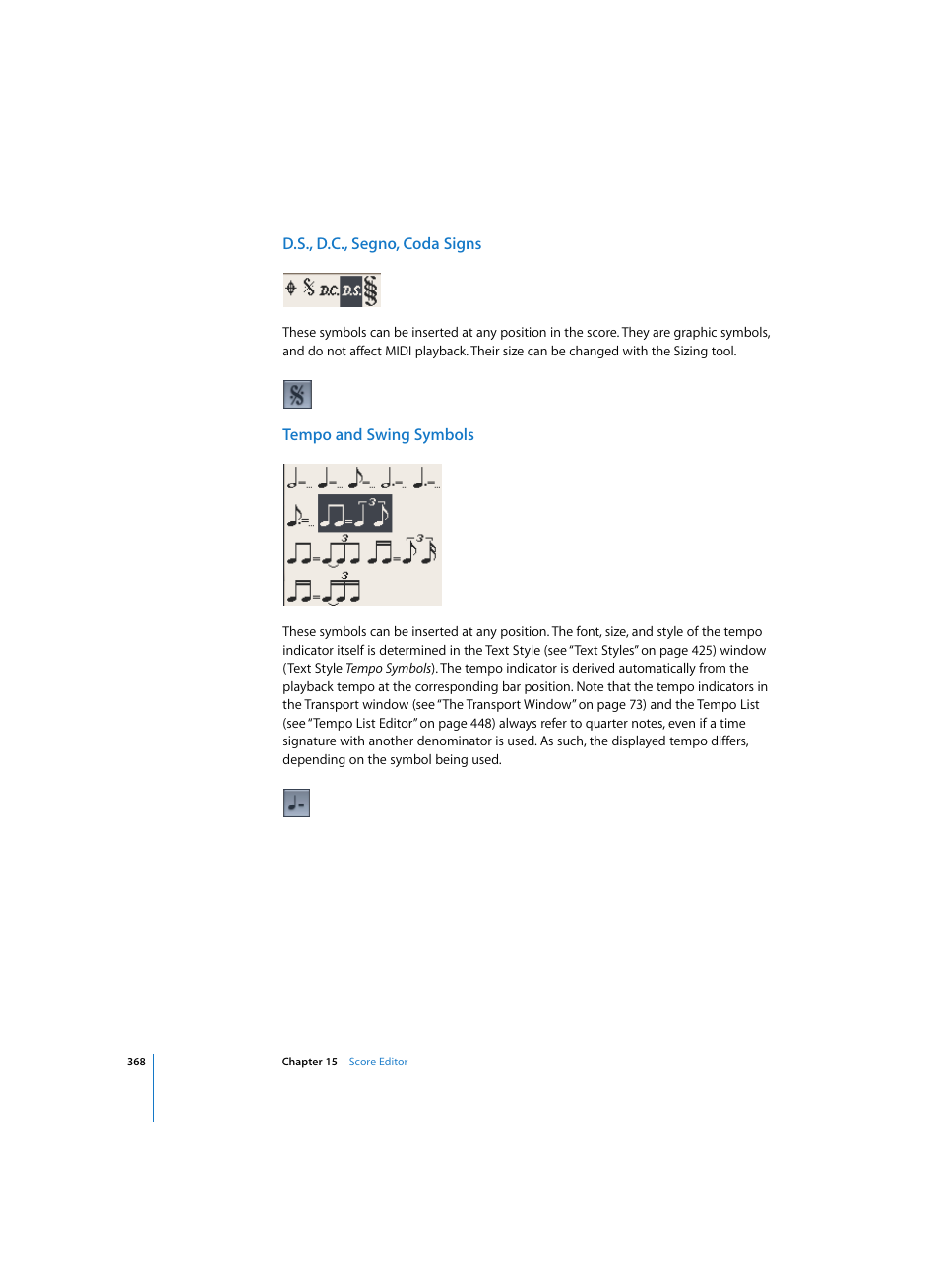 D.s., d.c., segno, coda signs, Tempo and swing symbols | Apple Logic Express 7 User Manual | Page 368 / 522