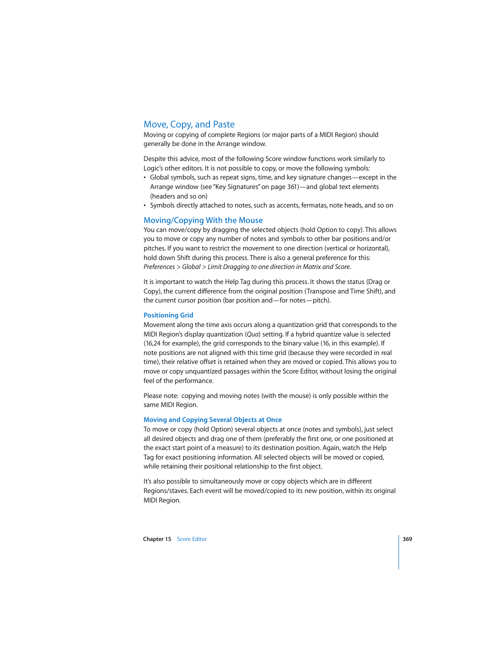 Move, copy, and paste, Moving/copying with the mouse, Positioning grid | Moving and copying several objects at once | Apple Logic Express 7 User Manual | Page 369 / 522