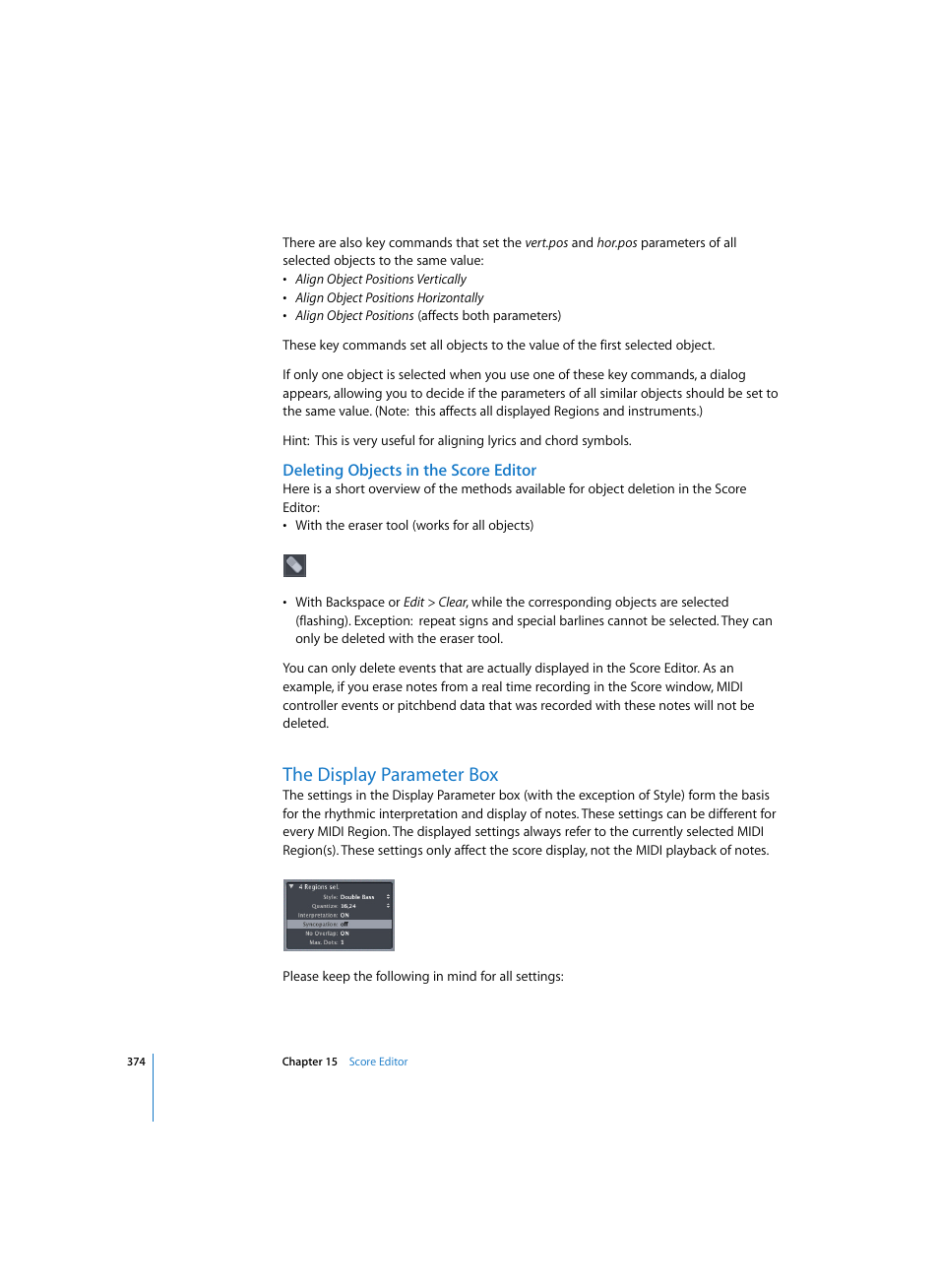 Deleting objects in the score editor, The display parameter box | Apple Logic Express 7 User Manual | Page 374 / 522