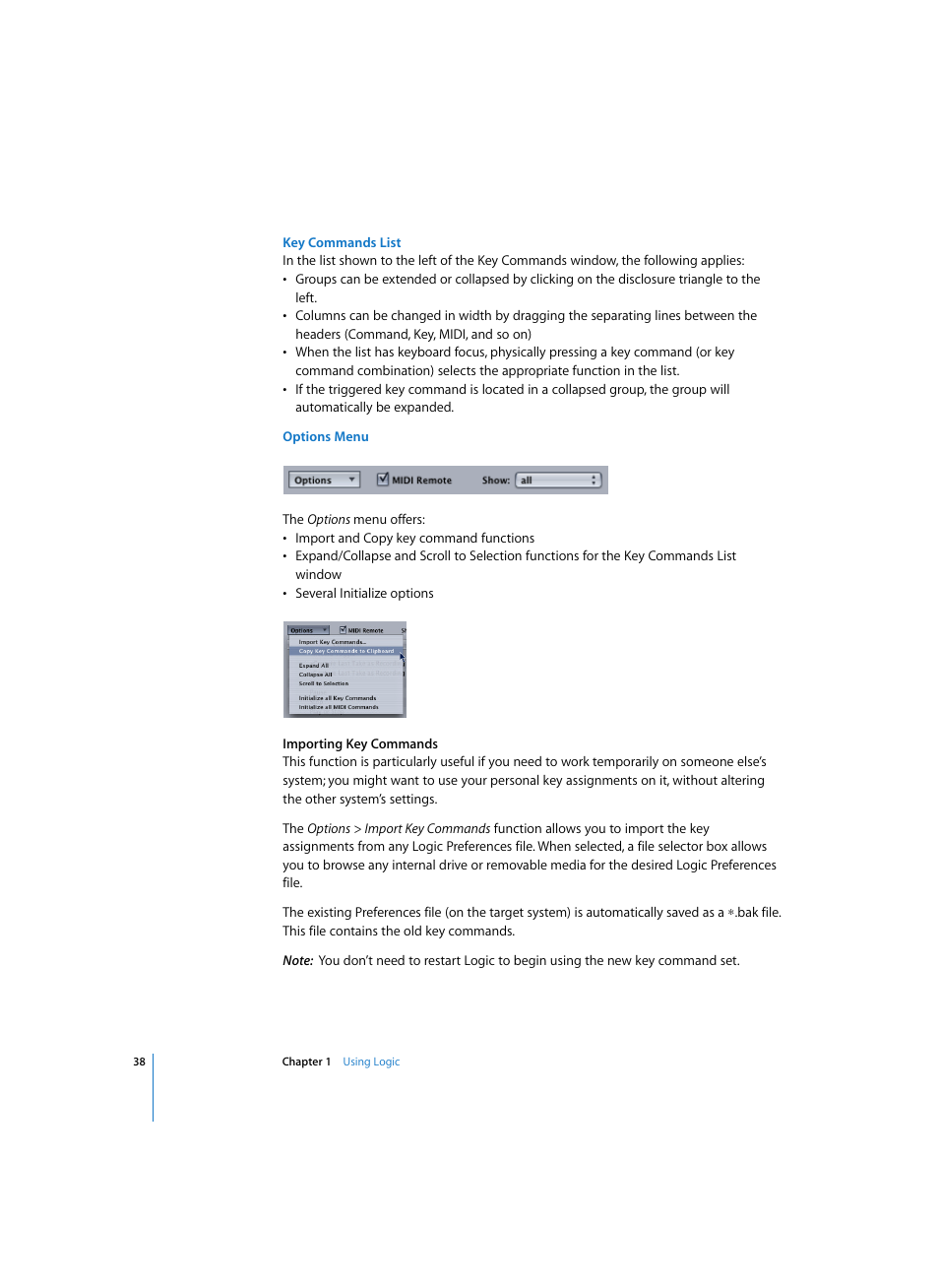 Key commands list, Options menu | Apple Logic Express 7 User Manual | Page 38 / 522