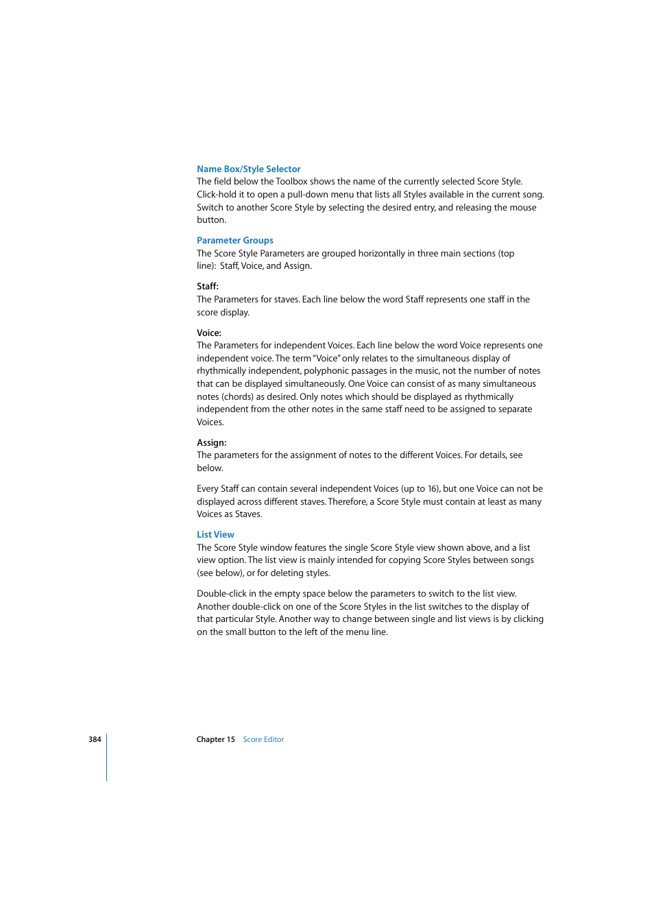 Name box/style selector, Parameter groups, List view | Apple Logic Express 7 User Manual | Page 384 / 522