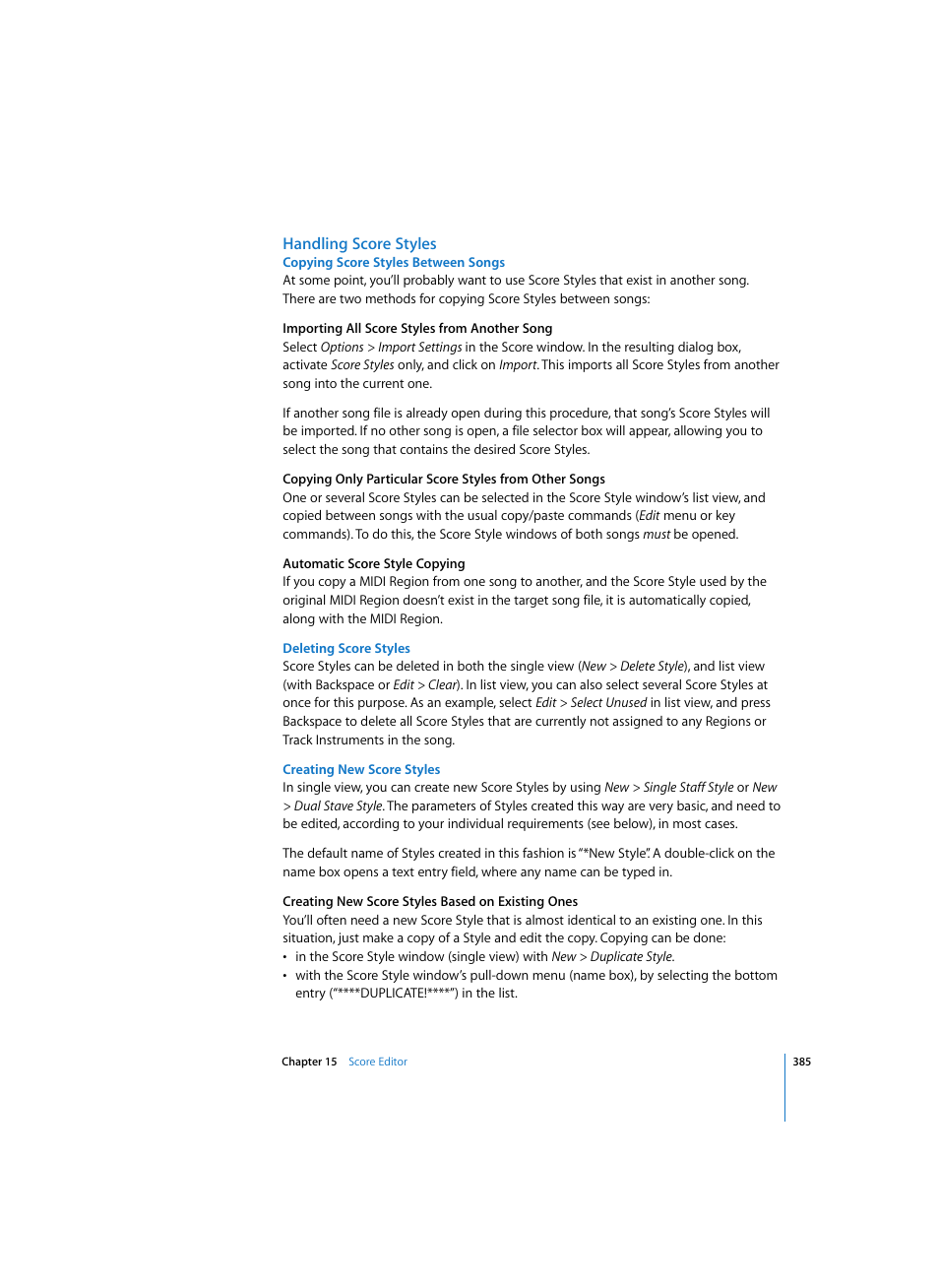 Handling score styles, Copying score styles between songs, Deleting score styles | Creating new score styles | Apple Logic Express 7 User Manual | Page 385 / 522