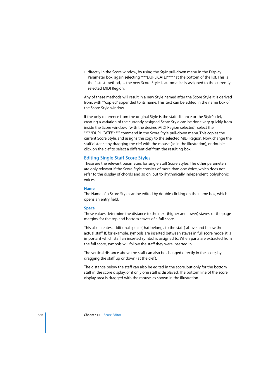 Editing single staff score styles, Name, Space | Apple Logic Express 7 User Manual | Page 386 / 522