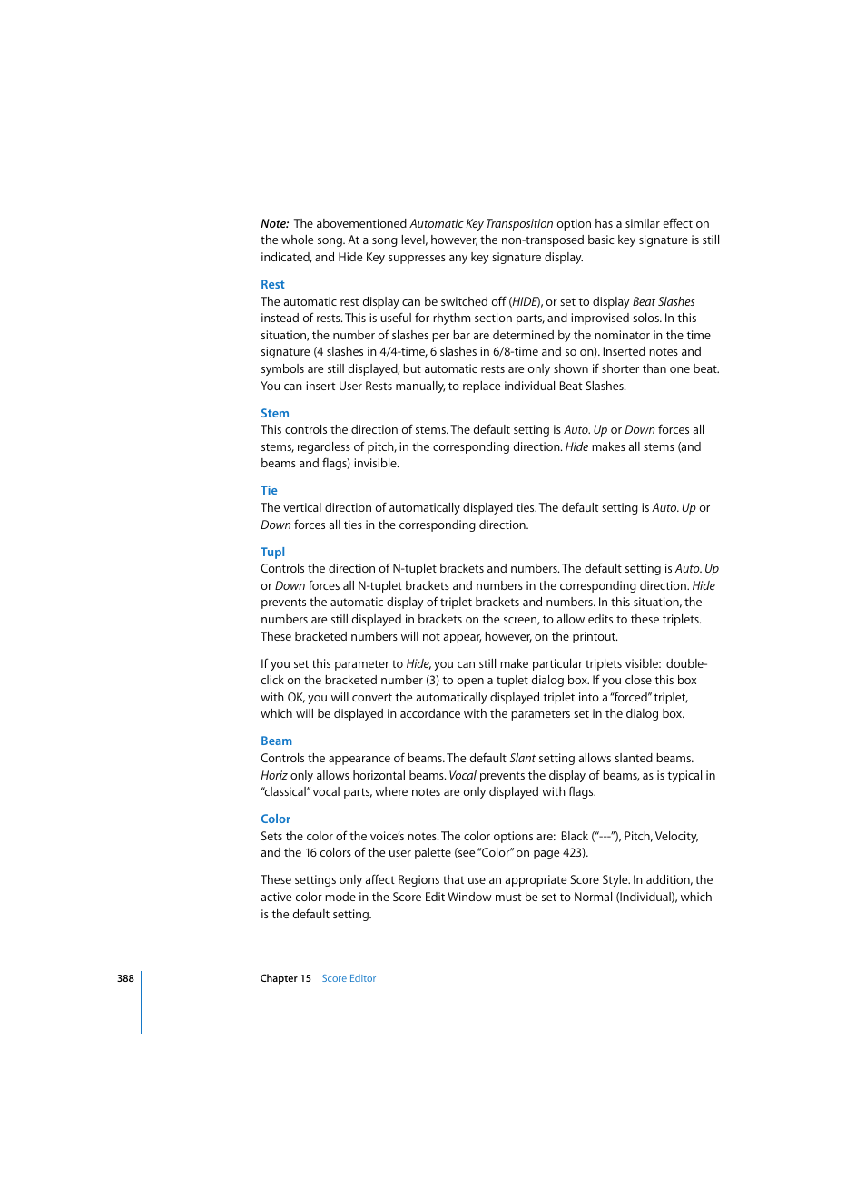 Rest, Stem, Tupl | Beam, Color | Apple Logic Express 7 User Manual | Page 388 / 522