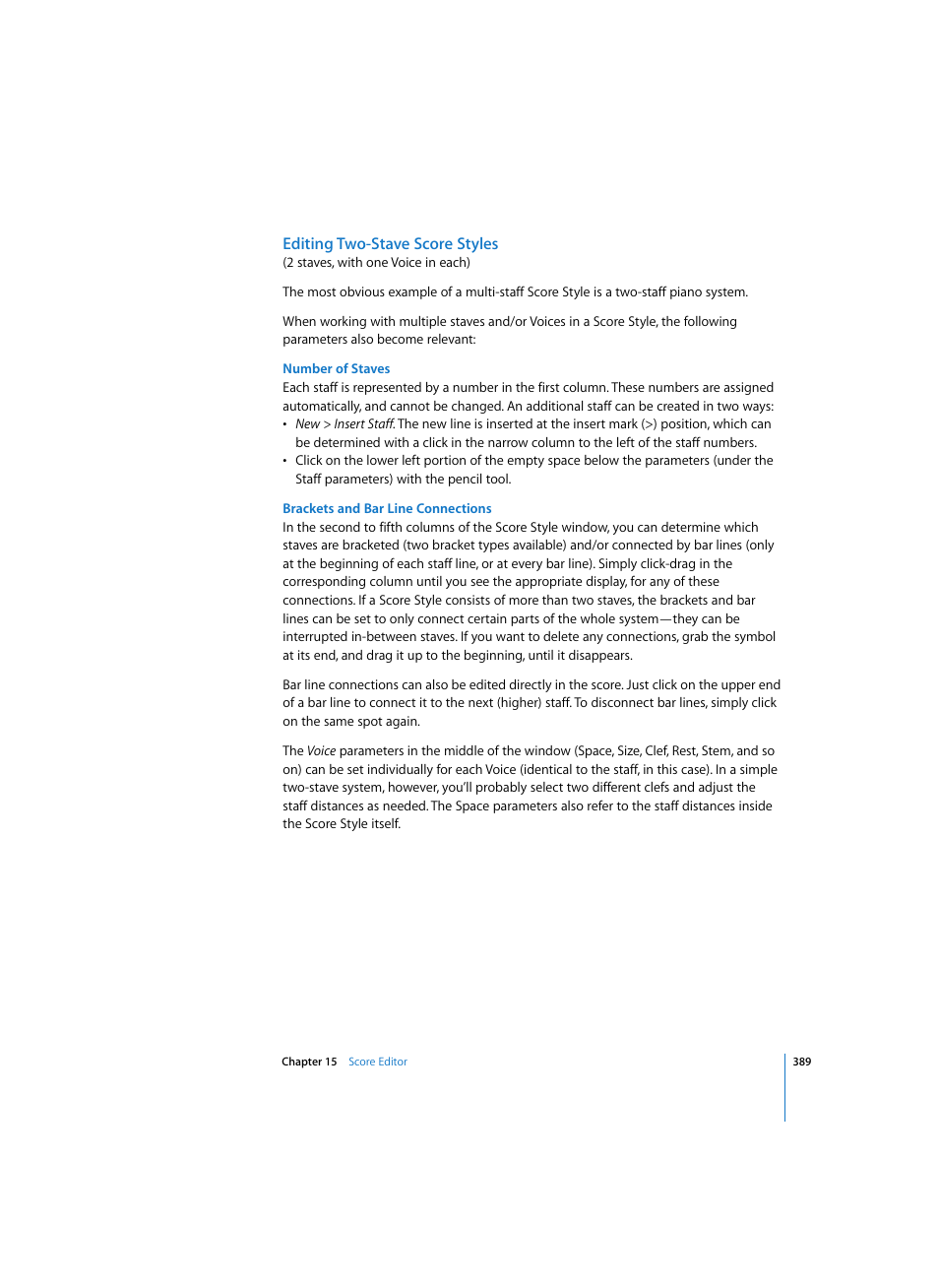 Editing two-stave score styles, Number of staves, Brackets and bar line connections | Apple Logic Express 7 User Manual | Page 389 / 522