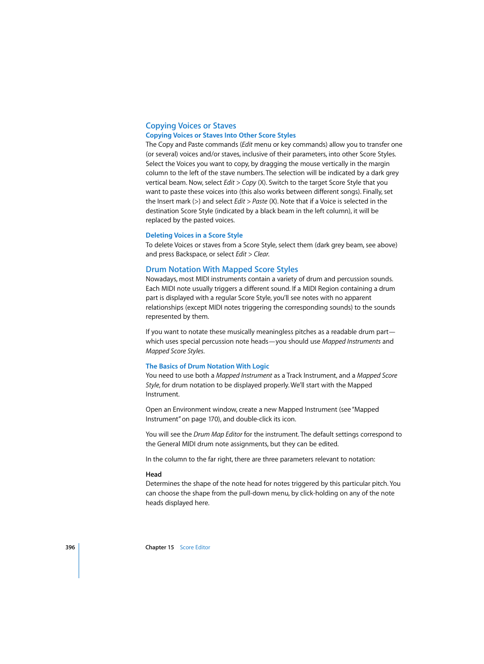 Copying voices or staves, Copying voices or staves into other score styles, Deleting voices in a score style | Drum notation with mapped score styles, The basics of drum notation with logic | Apple Logic Express 7 User Manual | Page 396 / 522
