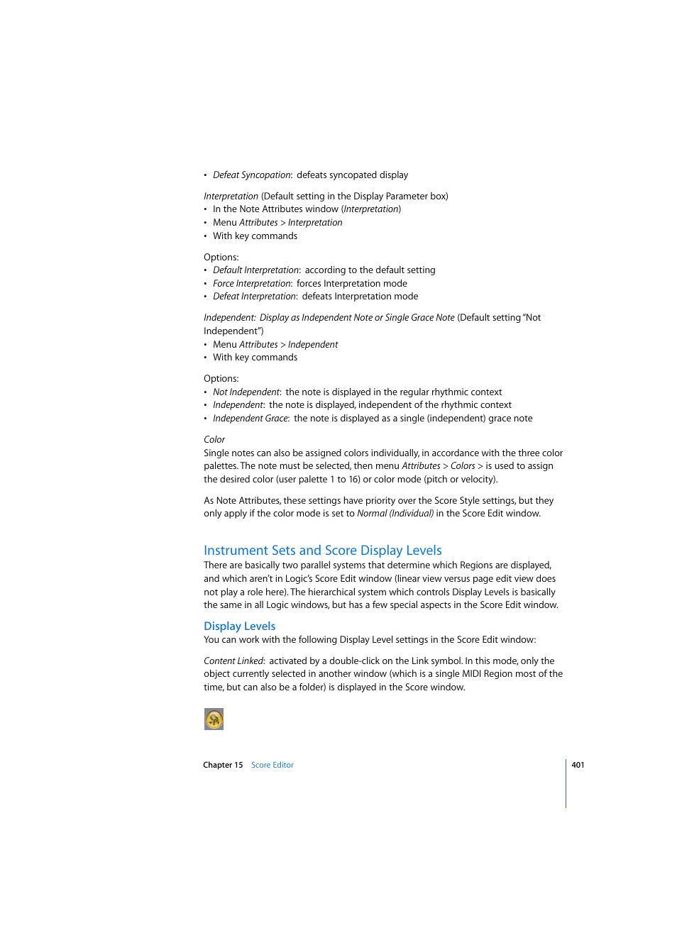 Instrument sets and score display levels, Display levels | Apple Logic Express 7 User Manual | Page 401 / 522