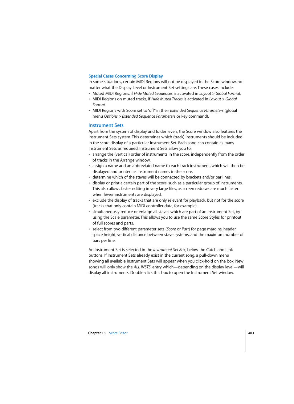 Special cases concerning score display, Instrument sets | Apple Logic Express 7 User Manual | Page 403 / 522