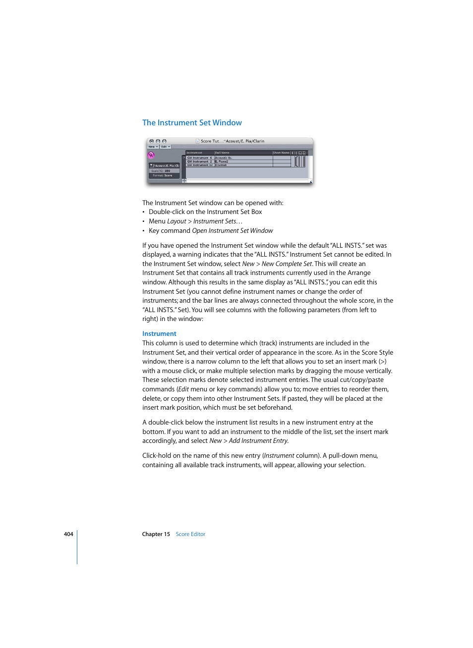 The instrument set window, Instrument | Apple Logic Express 7 User Manual | Page 404 / 522