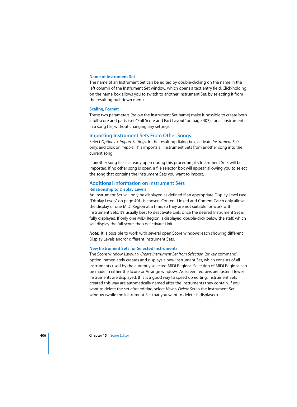 Name of instrument set, Scaling, format, Importing instrument sets from other songs | Additional information on instrument sets, Relationship to display levels, New instrument sets for selected instruments | Apple Logic Express 7 User Manual | Page 406 / 522