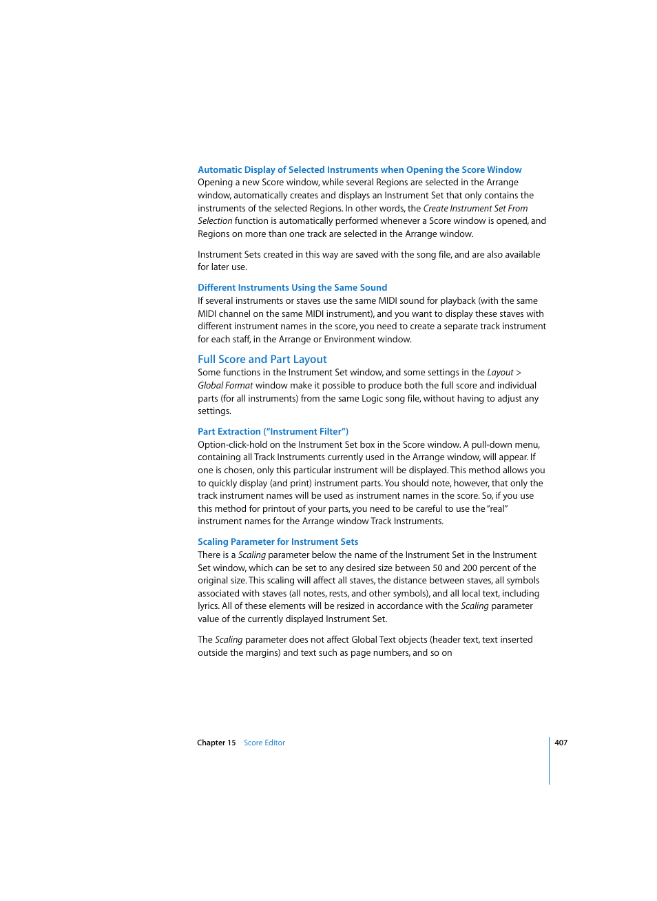 Different instruments using the same sound, Full score and part layout, Part extraction (“instrument filter”) | Scaling parameter for instrument sets | Apple Logic Express 7 User Manual | Page 407 / 522