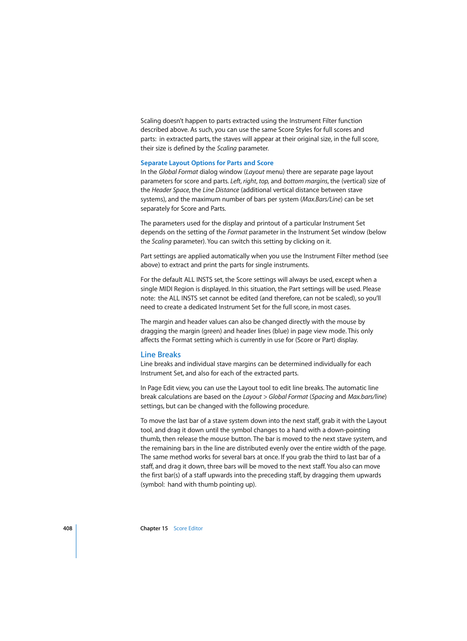 Separate layout options for parts and score, Line breaks | Apple Logic Express 7 User Manual | Page 408 / 522