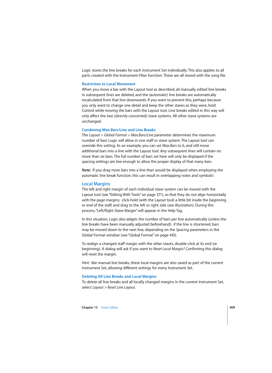 Restriction to local movement, Combining max.bars/line and line breaks, Local margins | Deleting all line breaks and local margins | Apple Logic Express 7 User Manual | Page 409 / 522