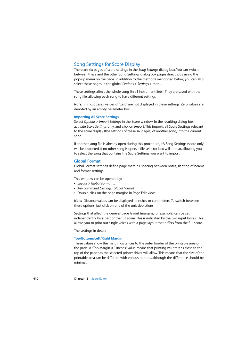 Song settings for score display, Importing all score settings, Global format | Top/bottom/left/right margin | Apple Logic Express 7 User Manual | Page 410 / 522