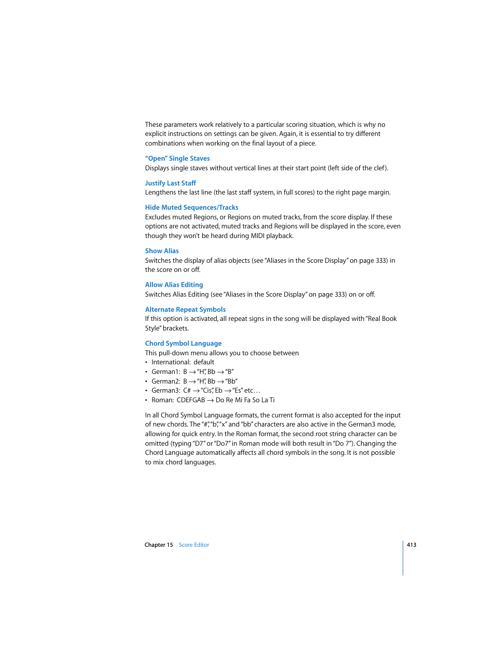 Open” single staves, Justify last staff, Hide muted sequences/tracks | Show alias, Allow alias editing, Alternate repeat symbols, Chord symbol language | Apple Logic Express 7 User Manual | Page 413 / 522
