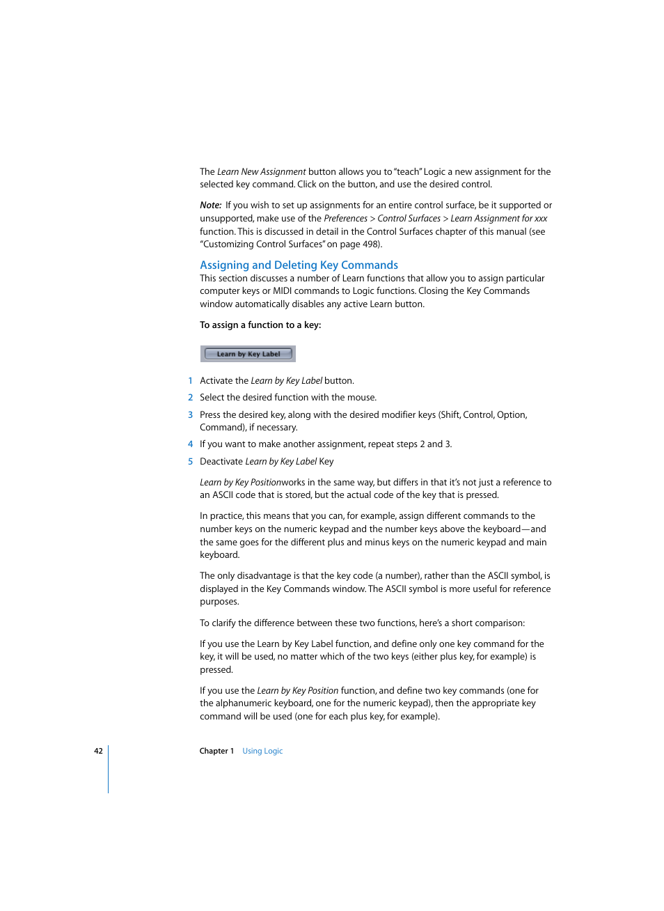 Assigning and deleting key commands | Apple Logic Express 7 User Manual | Page 42 / 522