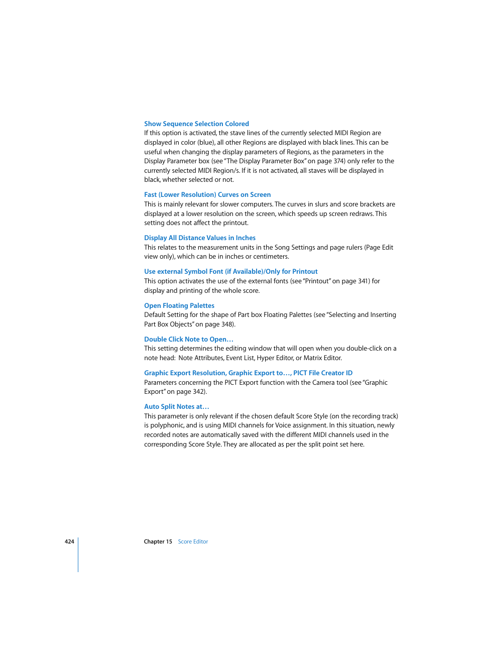 Show sequence selection colored, Fast (lower resolution) curves on screen, Display all distance values in inches | Open floating palettes, Double click note to open, Auto split notes at | Apple Logic Express 7 User Manual | Page 424 / 522