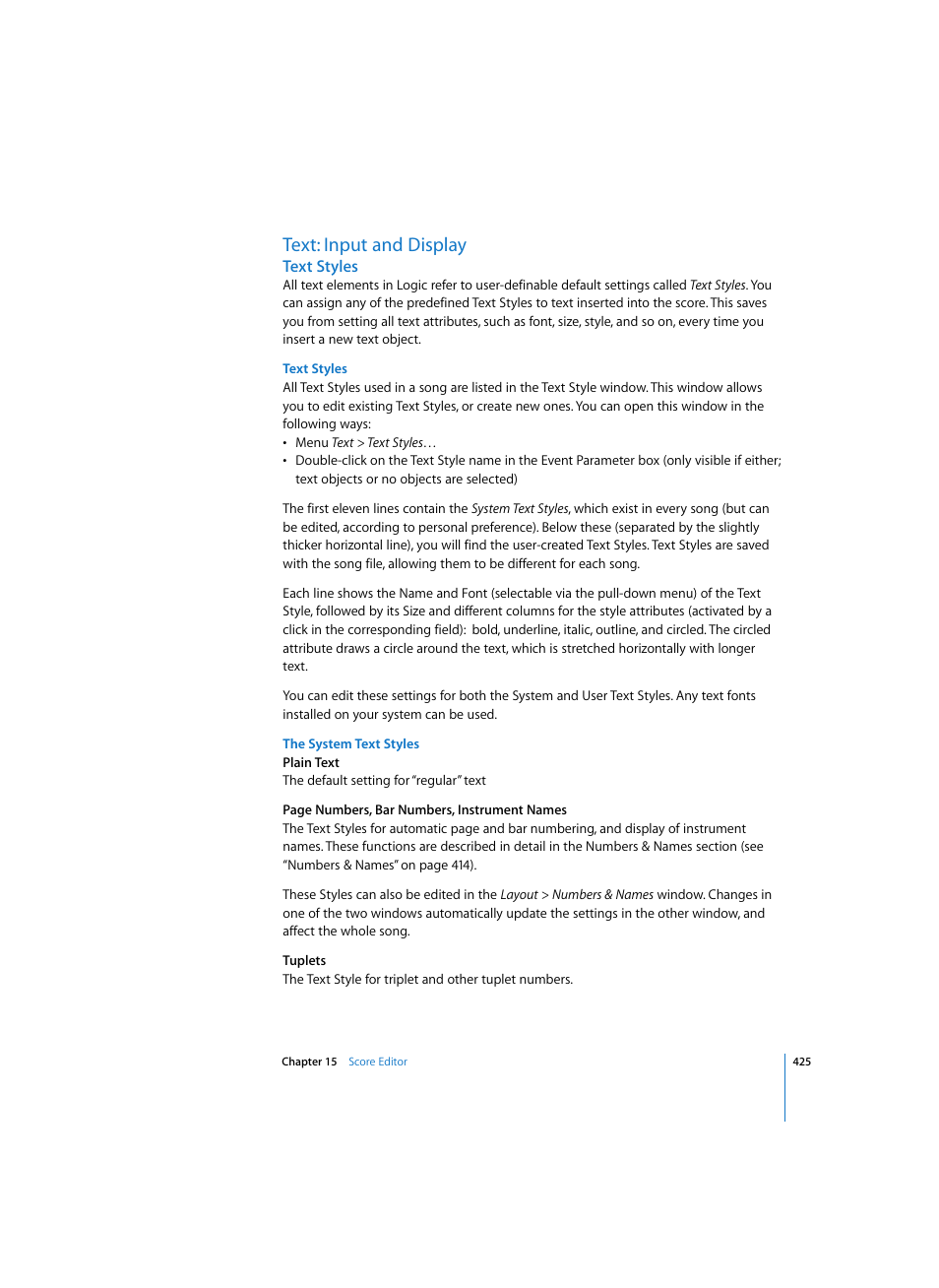 Text: input and display, Text styles, The system text styles | Apple Logic Express 7 User Manual | Page 425 / 522