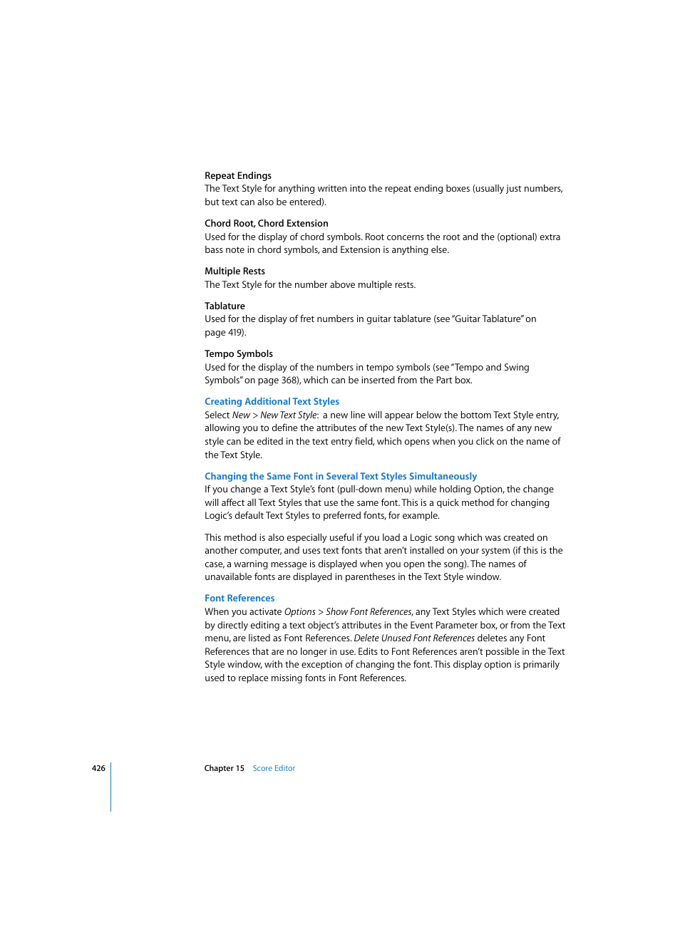 Creating additional text styles, Font references | Apple Logic Express 7 User Manual | Page 426 / 522