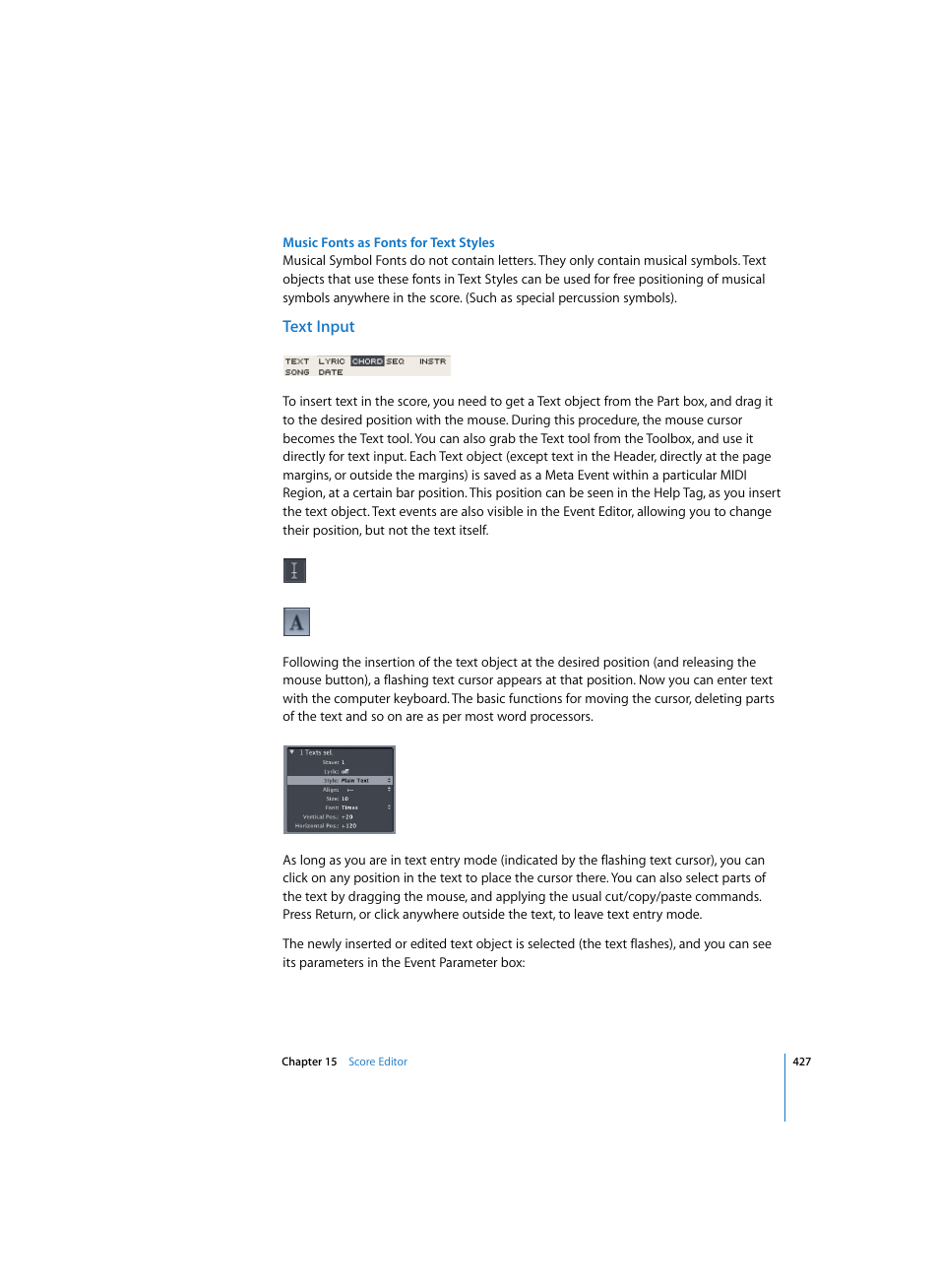 Music fonts as fonts for text styles, Text input | Apple Logic Express 7 User Manual | Page 427 / 522